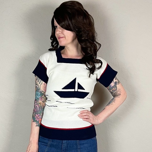 Vintage Sweaters - Vintage 1950s Square Neck Nautical Sweater with Sailboat Graphic